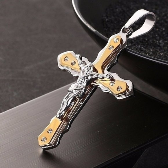 Classic Unisex Two tone Cross Pendant - Picture 5 of 12